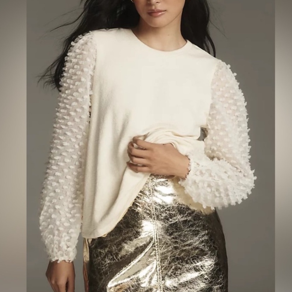 Maeve by Anthropologie Textured Puff Sleeve Cream Top NWOT Sz S